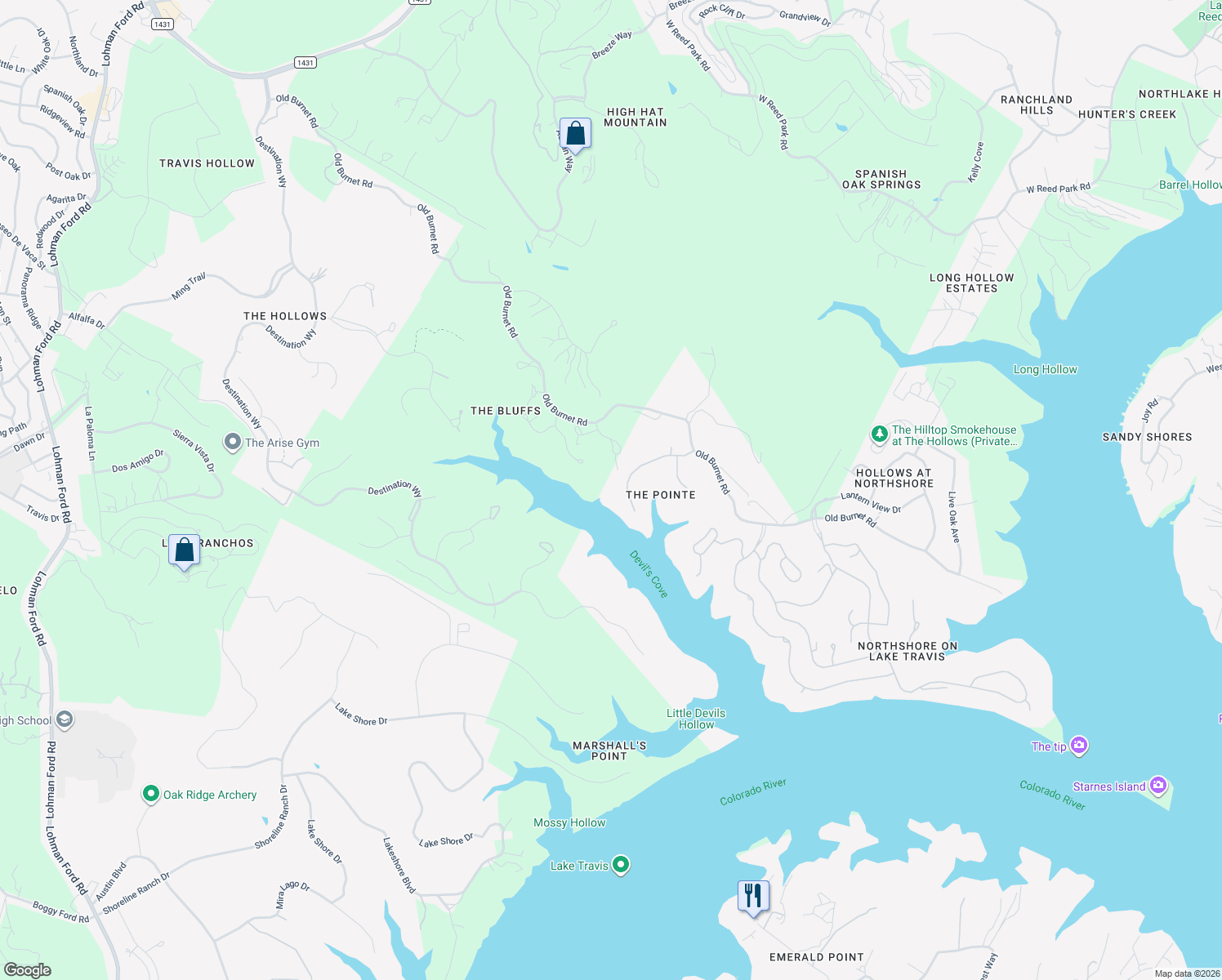 map of restaurants, bars, coffee shops, grocery stores, and more near 18506 Monet Pointe Drive in Jonestown