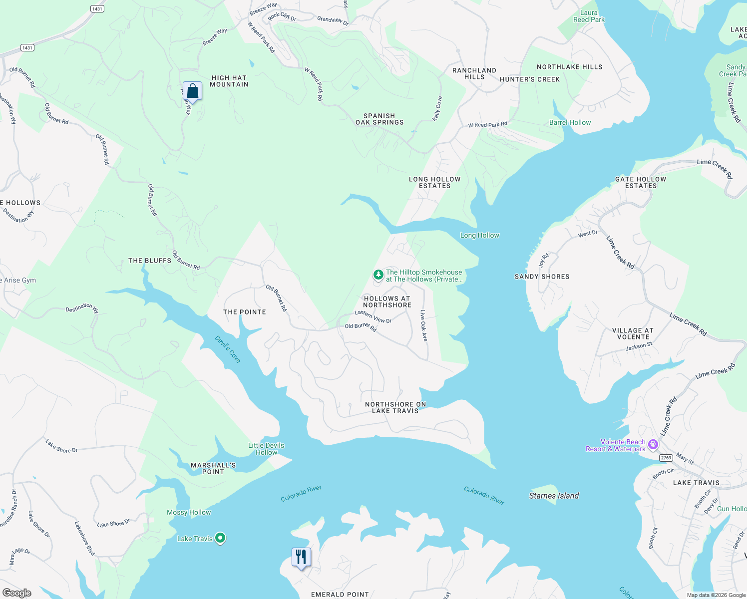 map of restaurants, bars, coffee shops, grocery stores, and more near 17800 Maritime Point in Jonestown