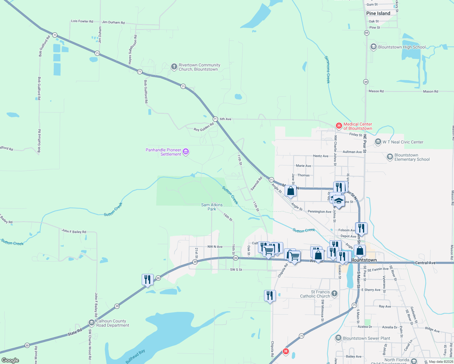 map of restaurants, bars, coffee shops, grocery stores, and more near 19561 Northwest Lee Hill Road in Blountstown