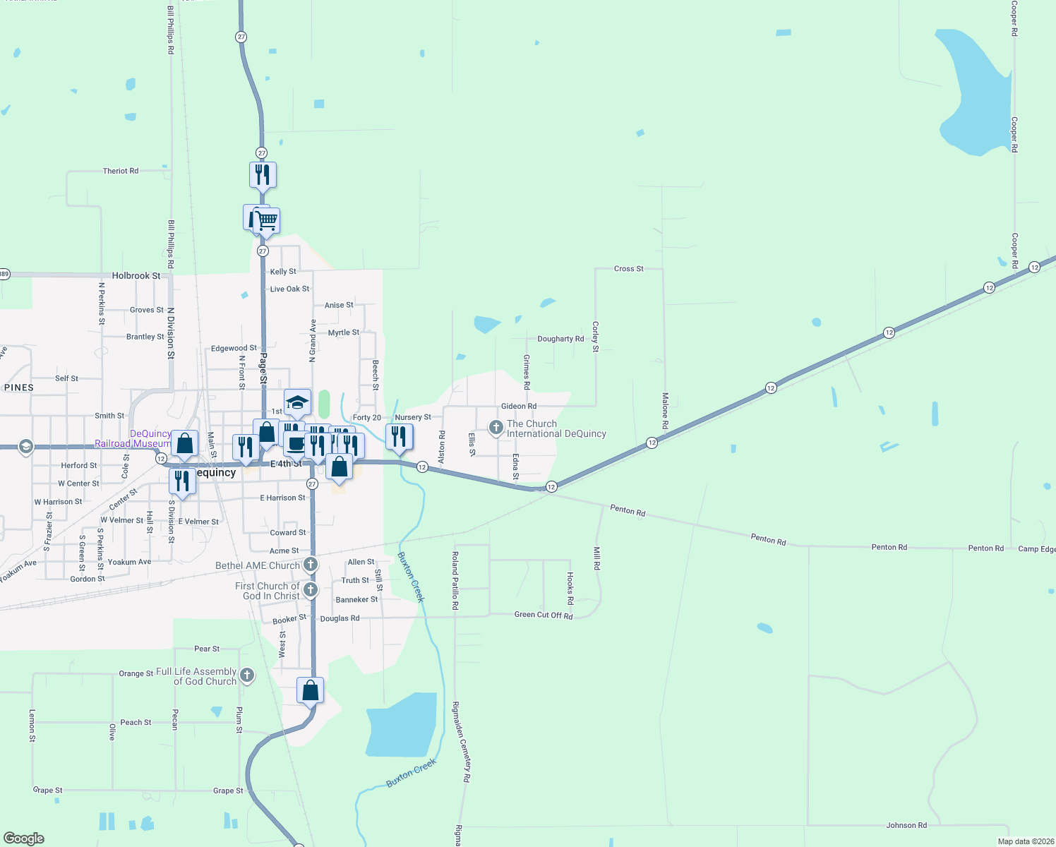 map of restaurants, bars, coffee shops, grocery stores, and more near 1180 Evangeline Road in DeQuincy