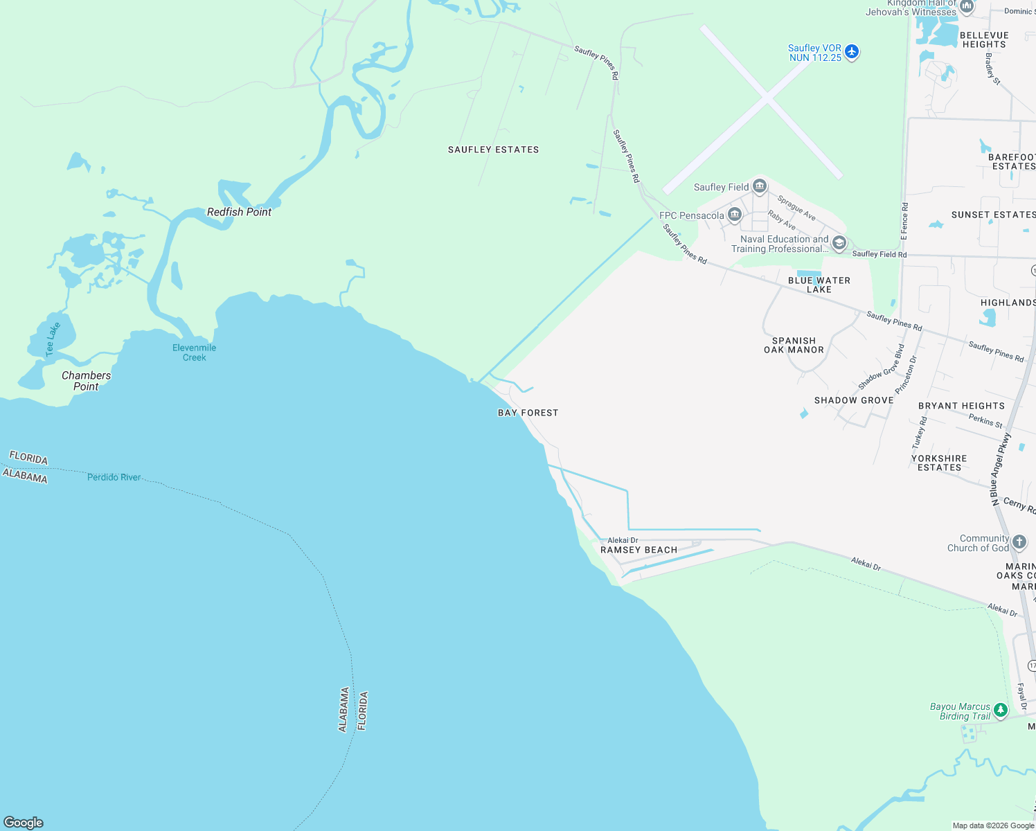 map of restaurants, bars, coffee shops, grocery stores, and more near 5639 Bay Forest Drive in Pensacola