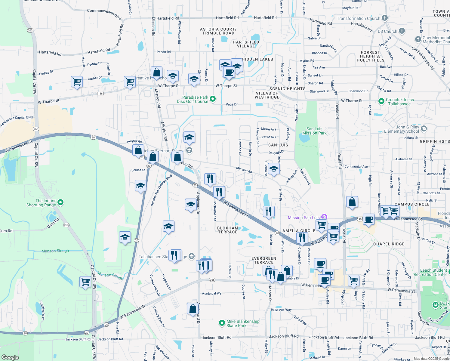 map of restaurants, bars, coffee shops, grocery stores, and more near Godlenrod Lane in Tallahassee