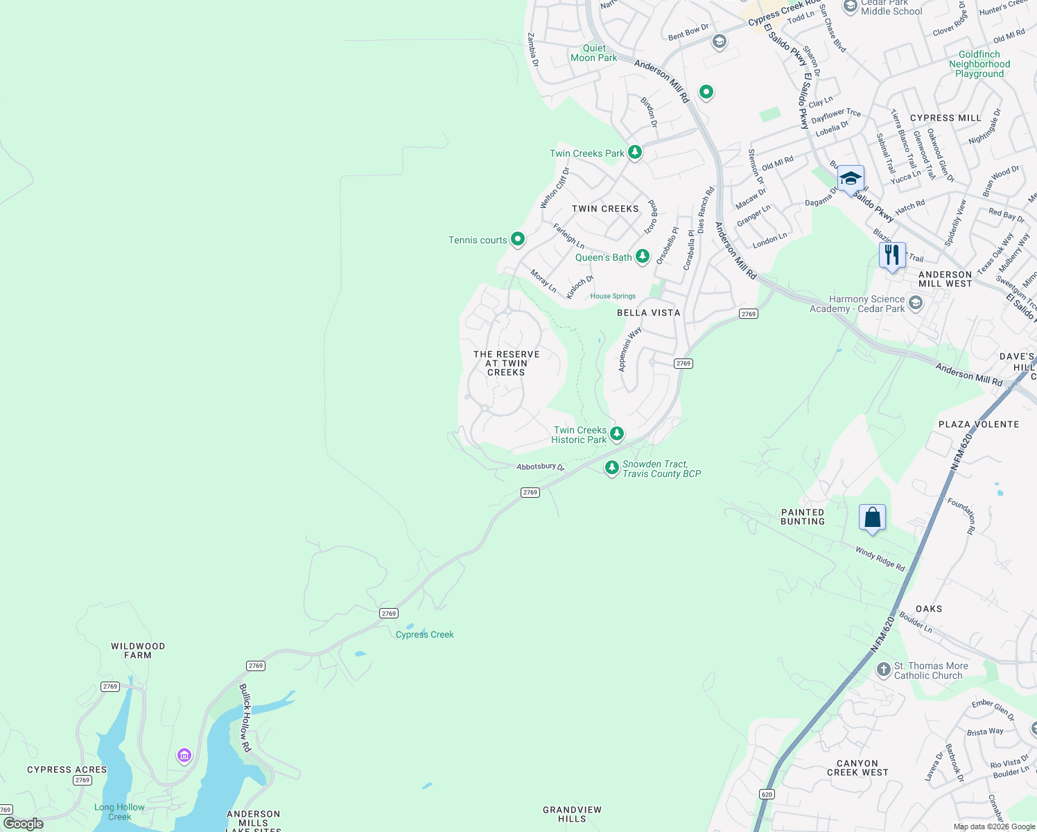 map of restaurants, bars, coffee shops, grocery stores, and more near 3210 Winged Elm Drive in Cedar Park