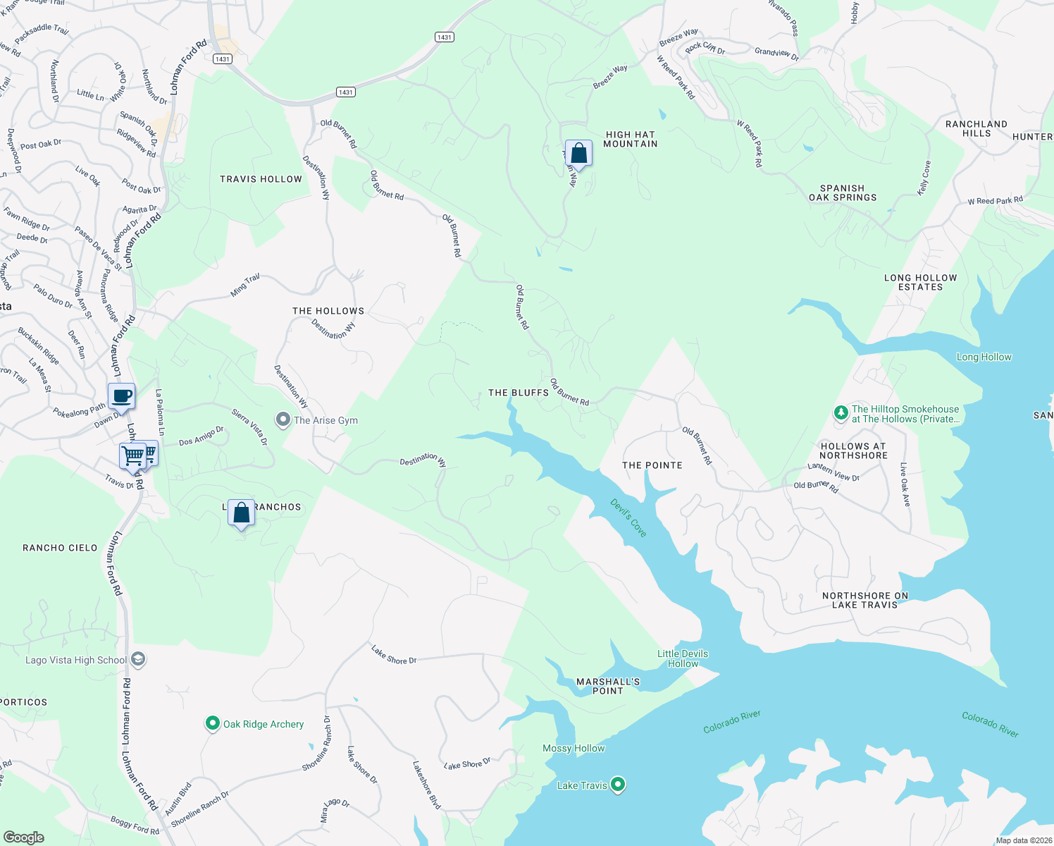 map of restaurants, bars, coffee shops, grocery stores, and more near 18825 Hidden Ridge Pl in Leander