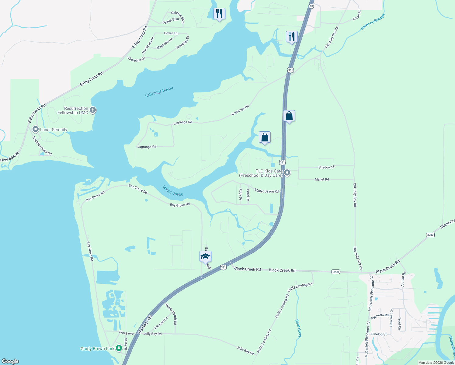 map of restaurants, bars, coffee shops, grocery stores, and more near 490 Mallet Bayou Road in Freeport