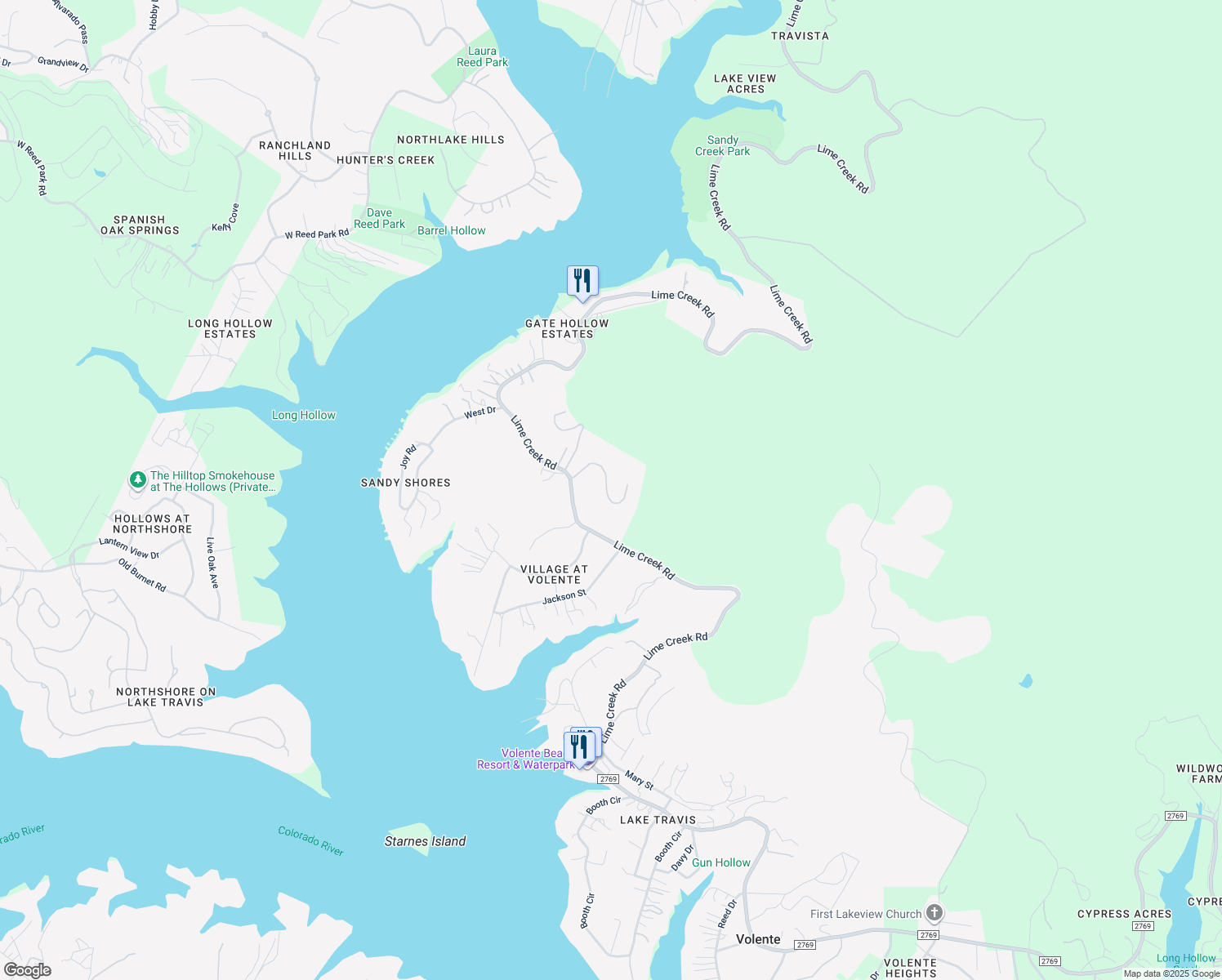 map of restaurants, bars, coffee shops, grocery stores, and more near 8295 Lime Creek Road in Volente