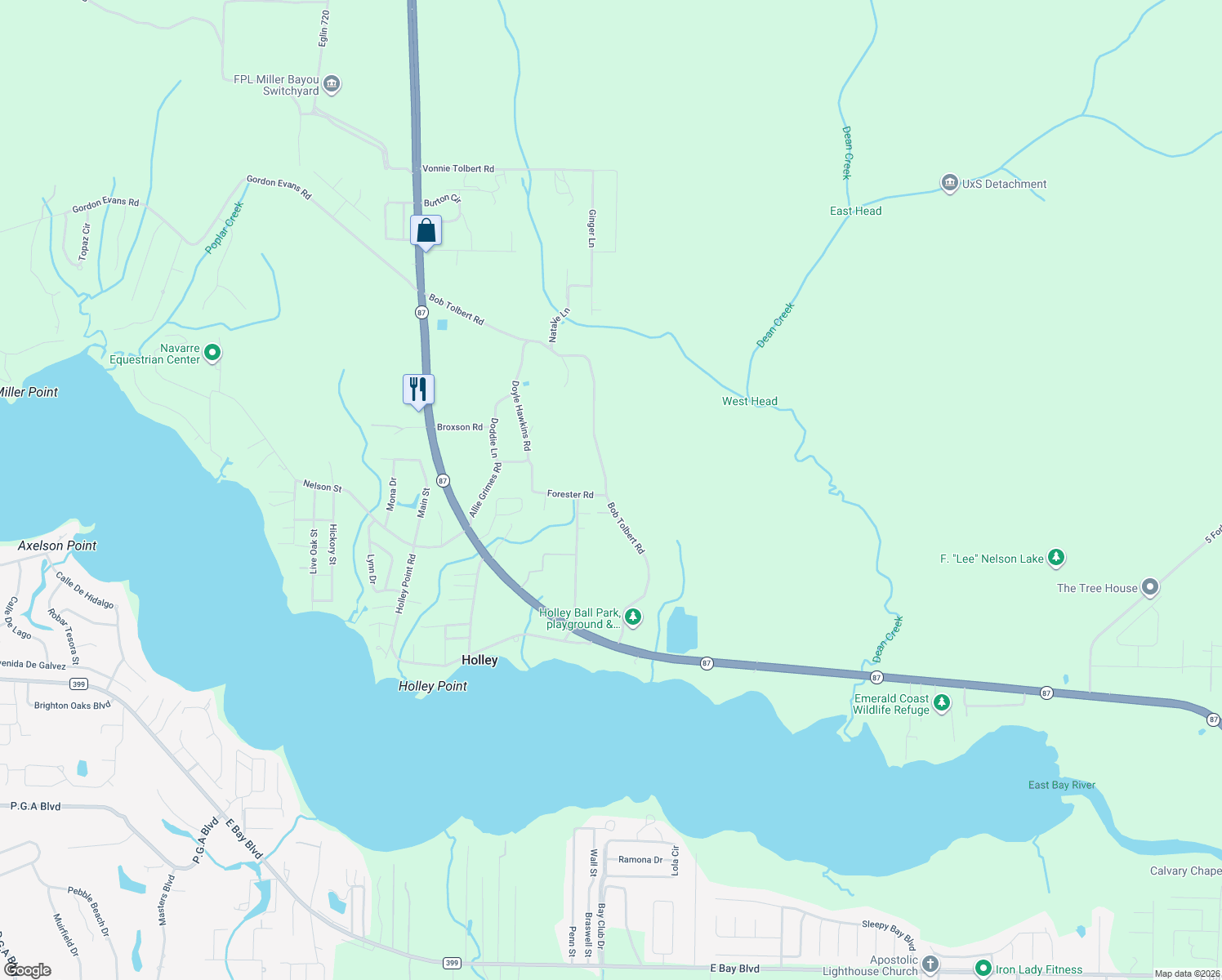 map of restaurants, bars, coffee shops, grocery stores, and more near 3306 Bob Tolbert Road in Navarre