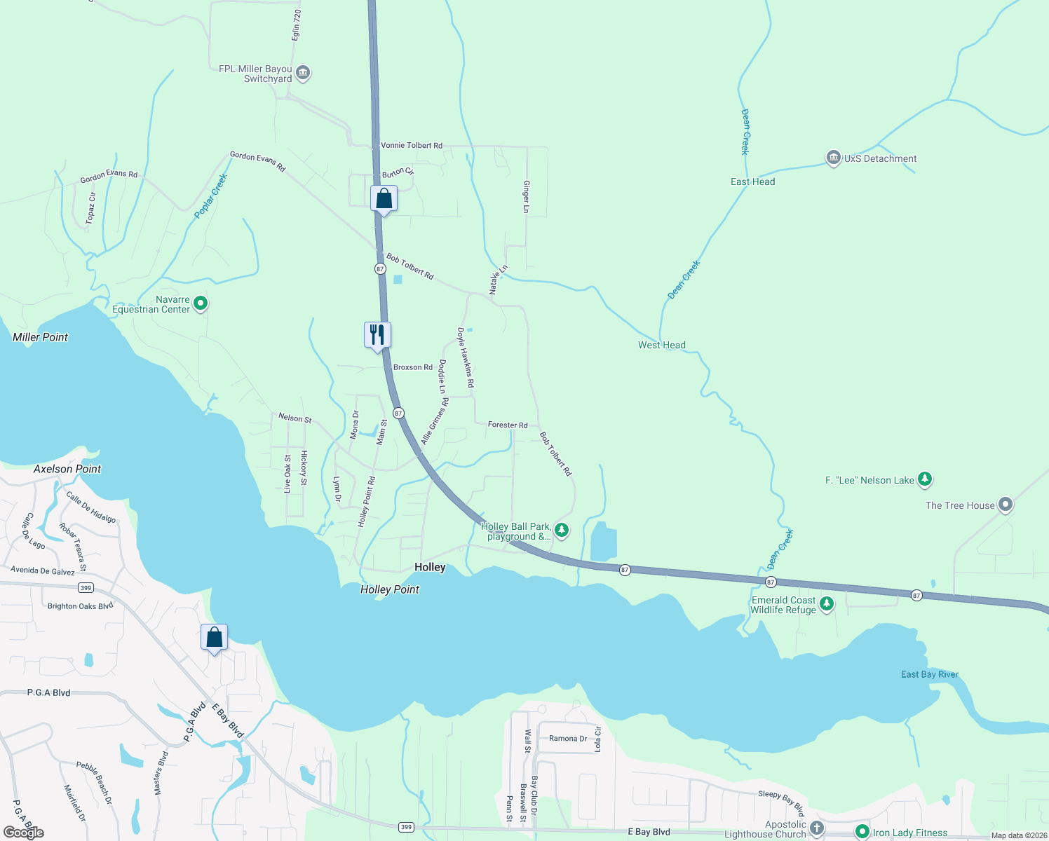 map of restaurants, bars, coffee shops, grocery stores, and more near 3307 Bob Tolbert Road in Navarre