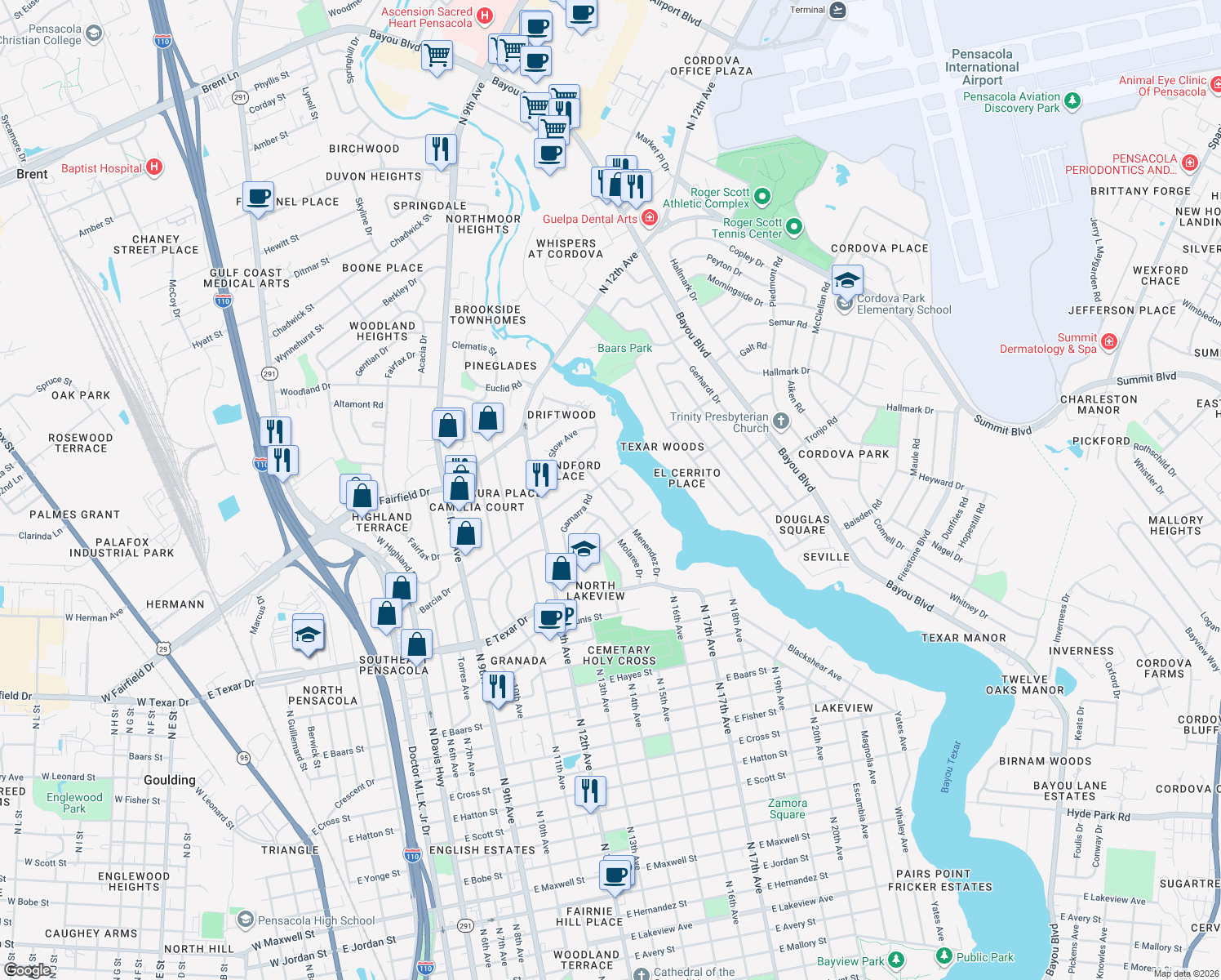 map of restaurants, bars, coffee shops, grocery stores, and more near 3848 Menendez Drive in Pensacola