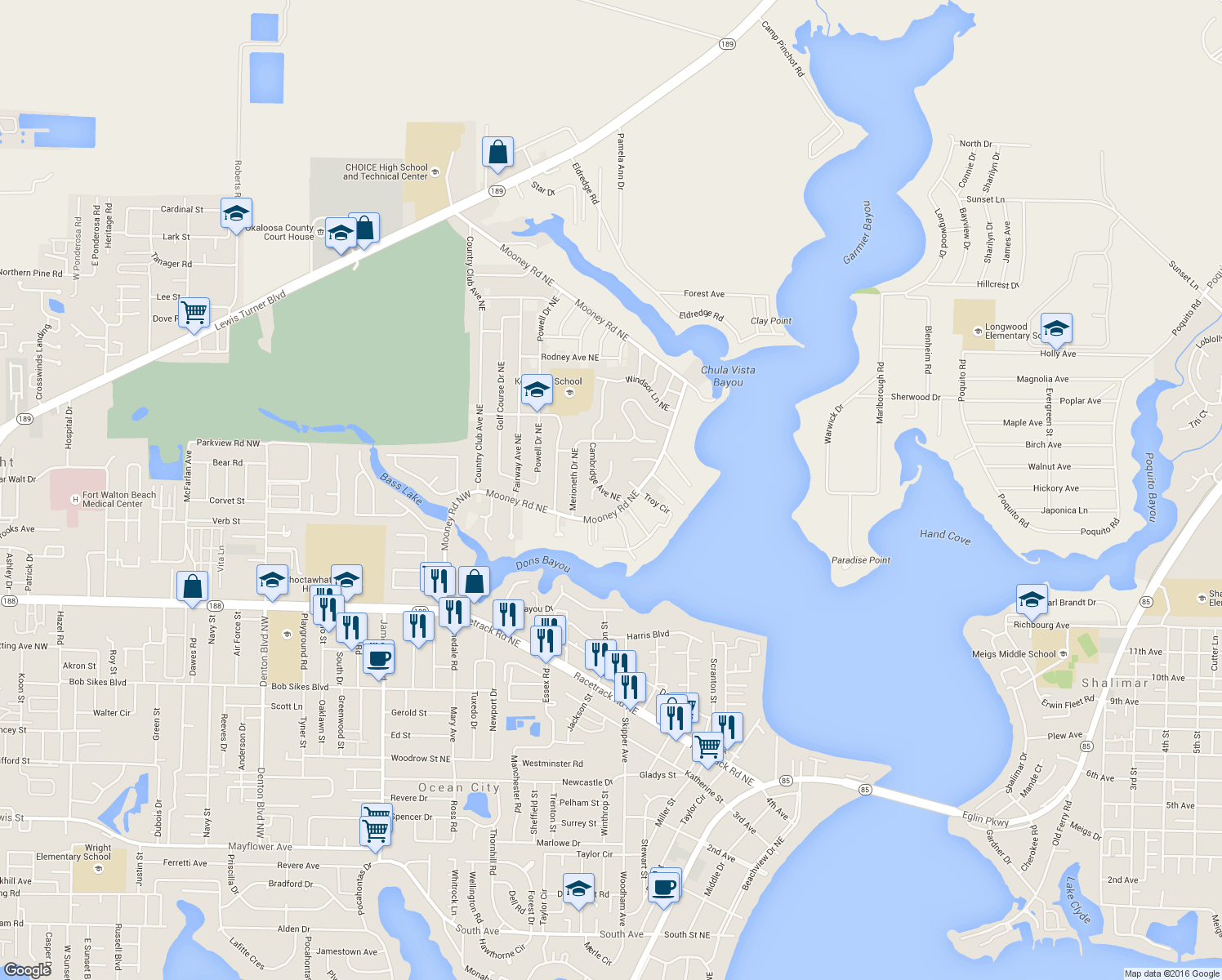 map of restaurants, bars, coffee shops, grocery stores, and more near 606 Cambridge Avenue Northeast in Fort Walton Beach