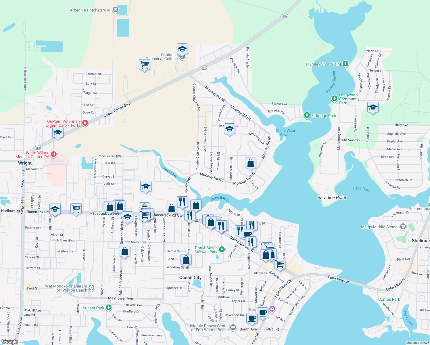 map of restaurants, bars, coffee shops, grocery stores, and more near 604 Powell Dr NE in Fort Walton Beach