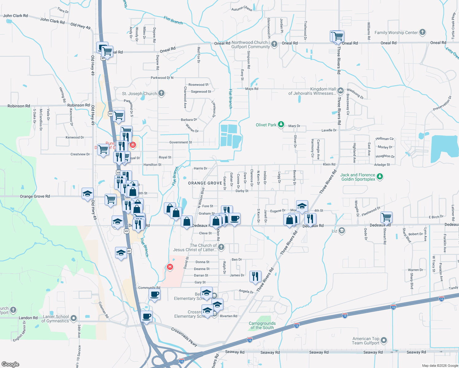 map of restaurants, bars, coffee shops, grocery stores, and more near 132 Gahan Drive in Gulfport