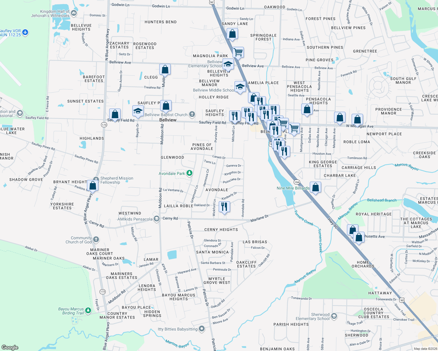 map of restaurants, bars, coffee shops, grocery stores, and more near 5745 Wickford Ln in Pensacola