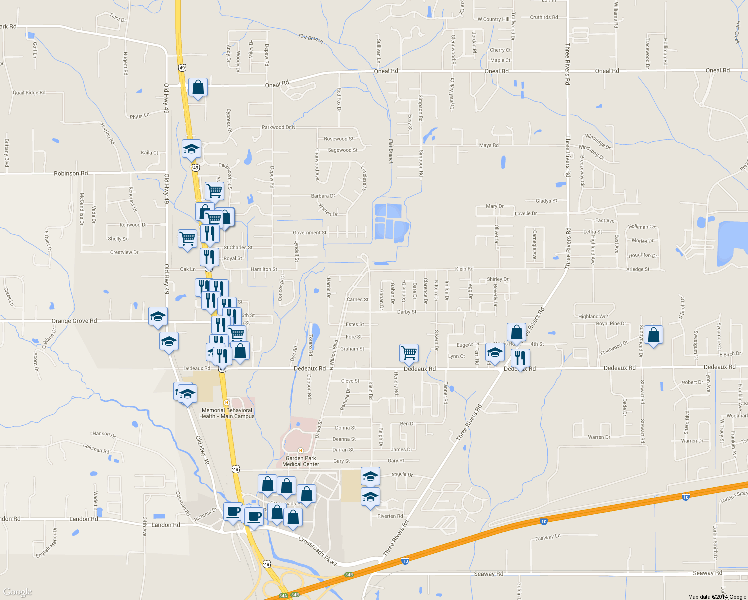 map of restaurants, bars, coffee shops, grocery stores, and more near 11448 Klein Road in Gulfport