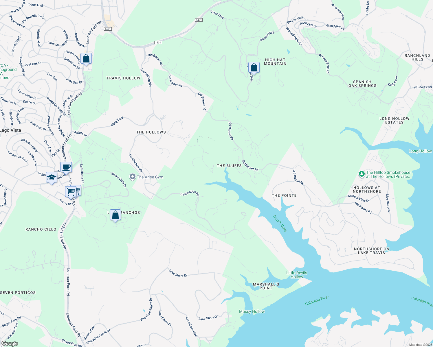 map of restaurants, bars, coffee shops, grocery stores, and more near 18800 Leisure Lane in Lago Vista