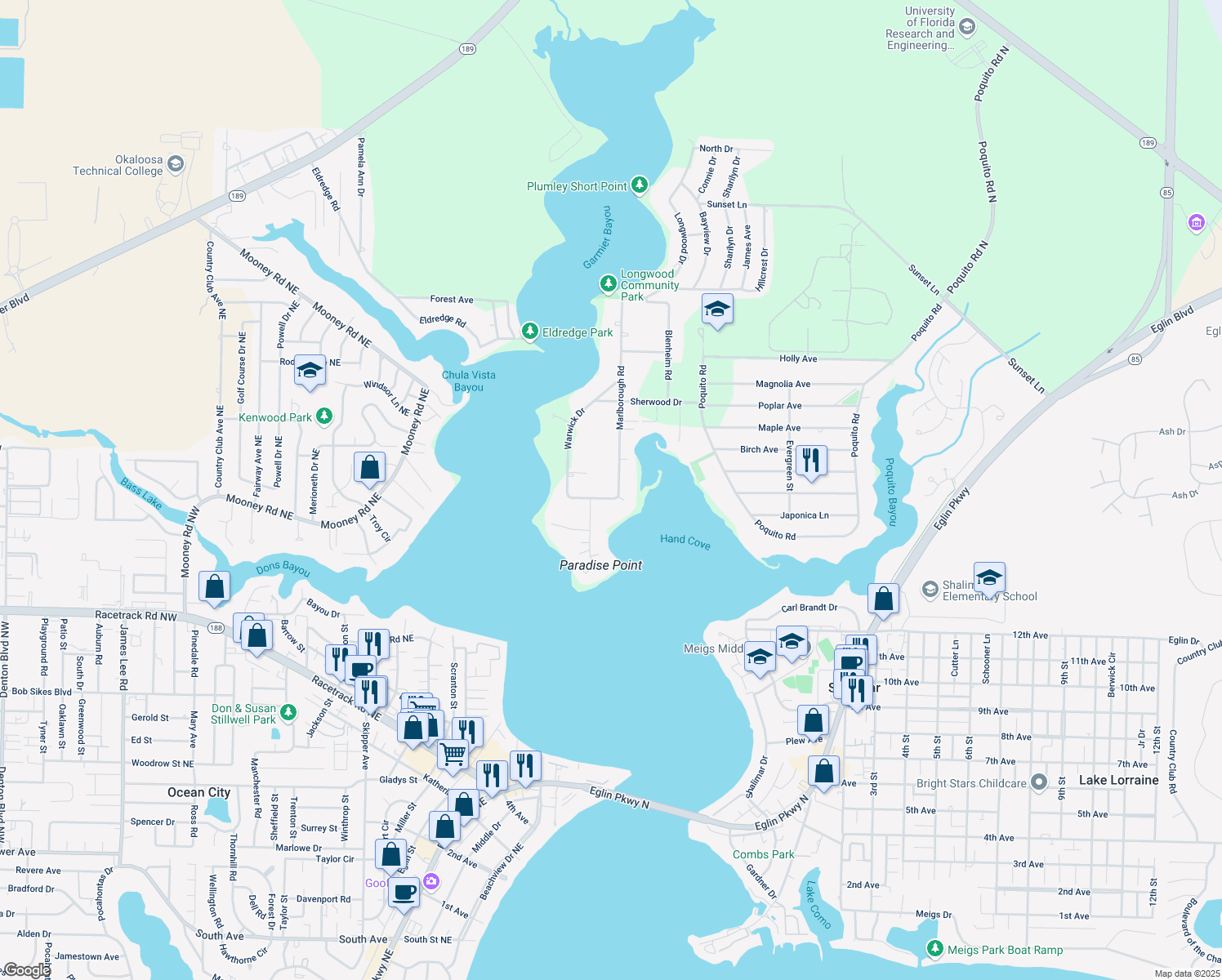 map of restaurants, bars, coffee shops, grocery stores, and more near 8 Wimbledon Way in Shalimar