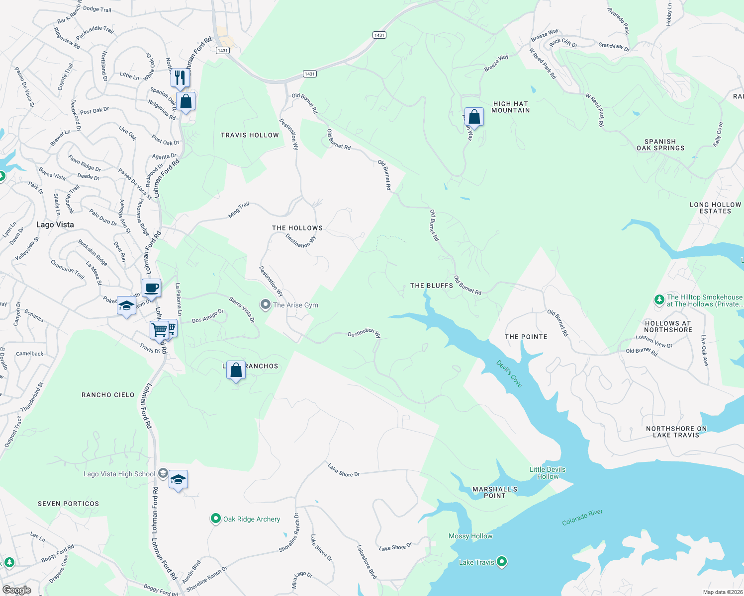 map of restaurants, bars, coffee shops, grocery stores, and more near 6801 Sunset Ridge Way in Jonestown