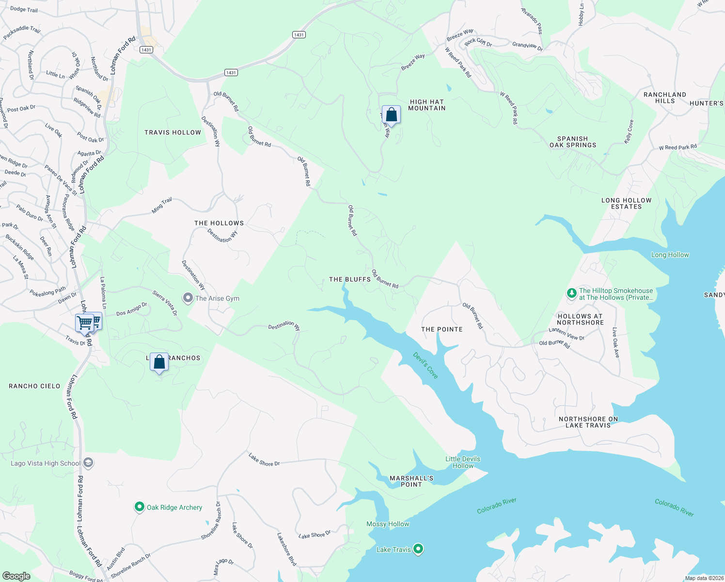 map of restaurants, bars, coffee shops, grocery stores, and more near 18821-18825 Hidden Ridge Place in Leander