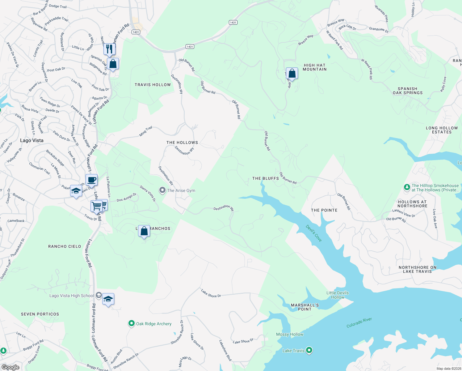 map of restaurants, bars, coffee shops, grocery stores, and more near 6801 Sunset Ridge Way in Lago Vista
