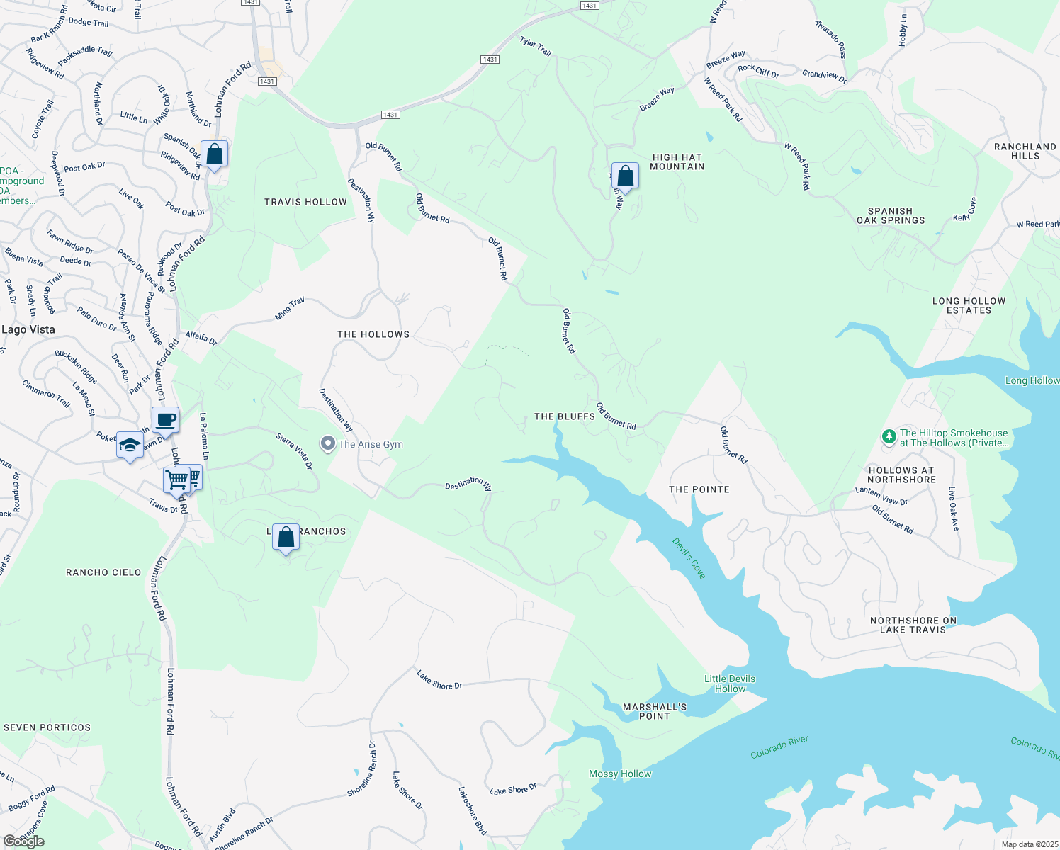 map of restaurants, bars, coffee shops, grocery stores, and more near 18800 Leisure Lane in Lago Vista