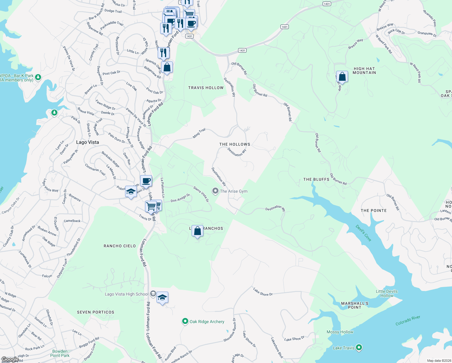 map of restaurants, bars, coffee shops, grocery stores, and more near 19617 Tranquility Falls in Leander