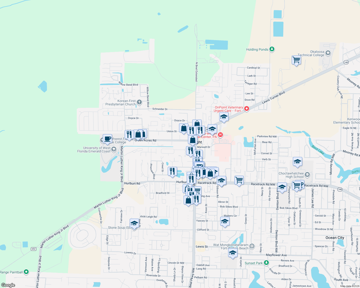 map of restaurants, bars, coffee shops, grocery stores, and more near 225 Green Acres Rd in Fort Walton Beach