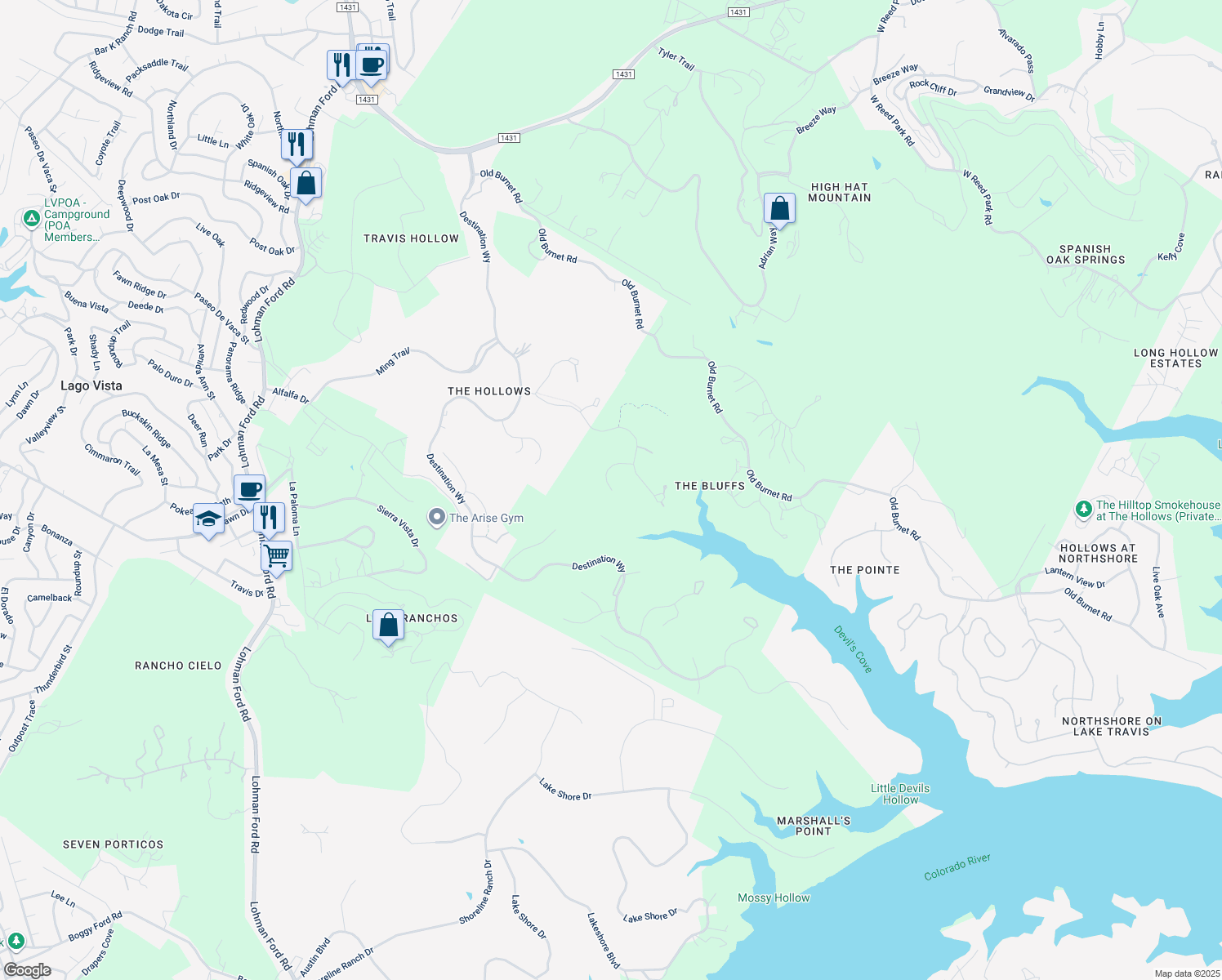 map of restaurants, bars, coffee shops, grocery stores, and more near 5009 Sunset Ridge Way in Leander