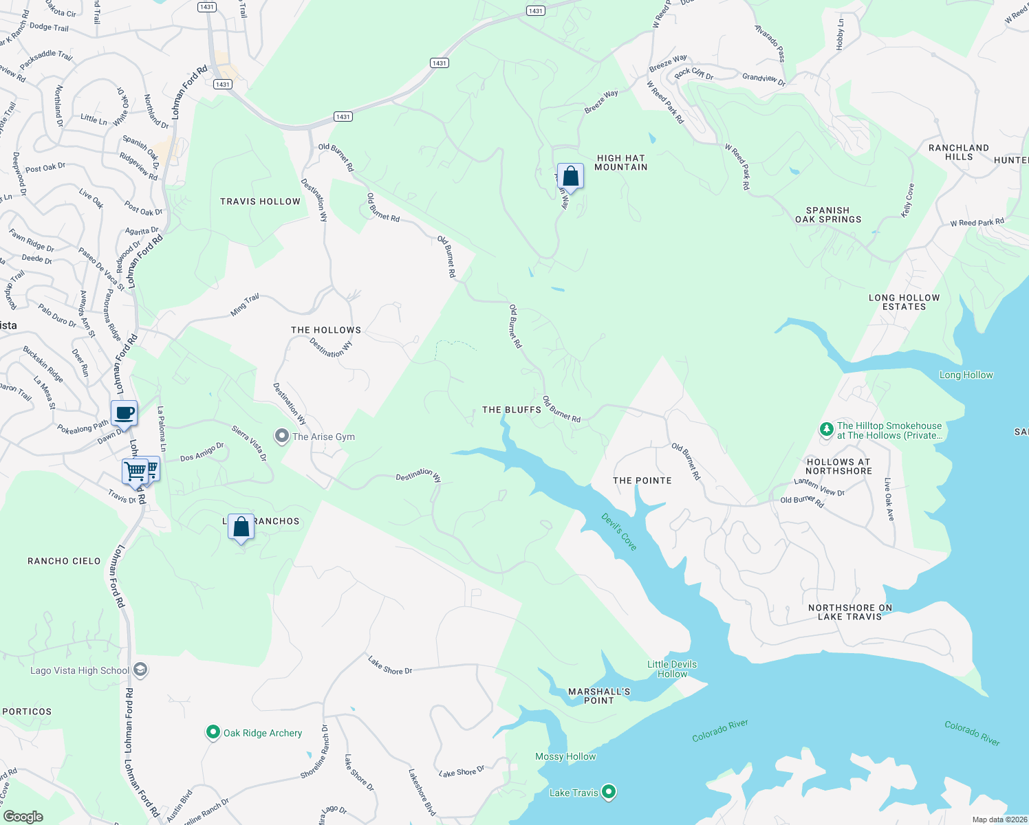 map of restaurants, bars, coffee shops, grocery stores, and more near 18845 Hidden Ridge Place in Jonestown