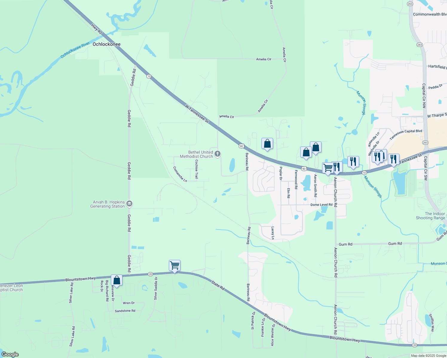 map of restaurants, bars, coffee shops, grocery stores, and more near 1122 Bethel Church Road in Tallahassee