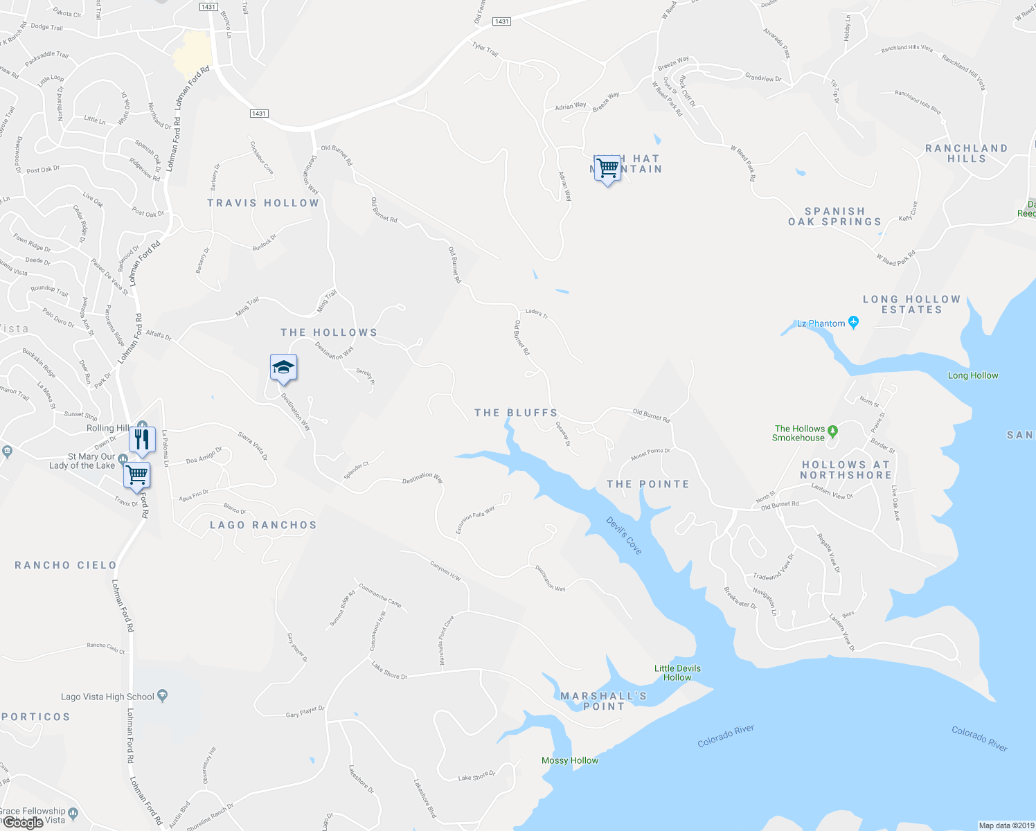 map of restaurants, bars, coffee shops, grocery stores, and more near 18845 Hidden Ridge Place in Jonestown