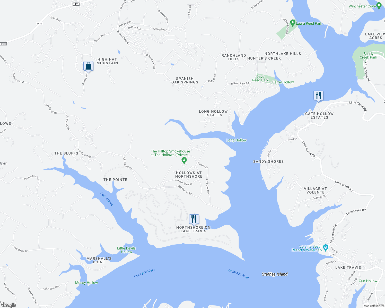 map of restaurants, bars, coffee shops, grocery stores, and more near 17804 Maritime Point in Jonestown