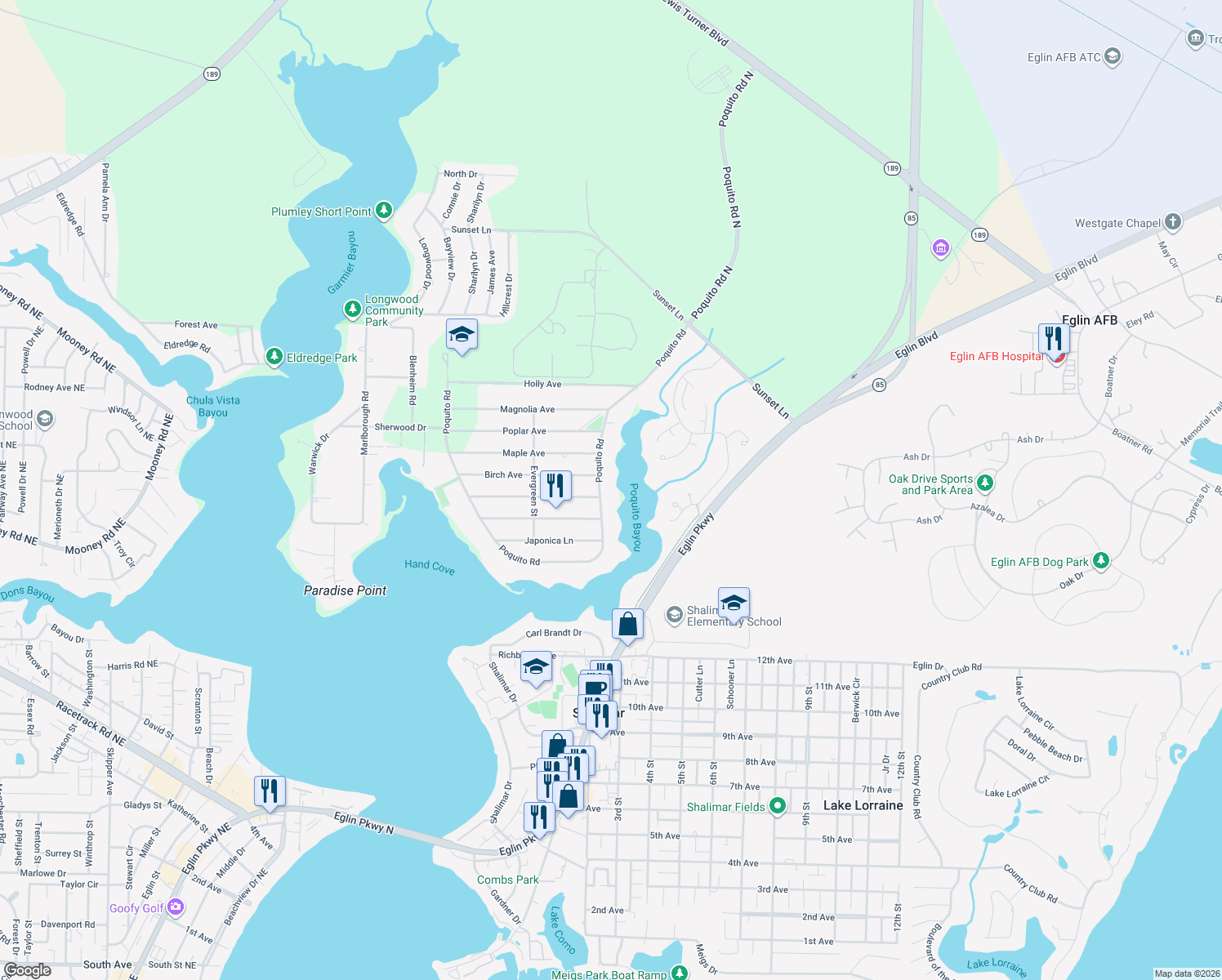 map of restaurants, bars, coffee shops, grocery stores, and more near 29 Poquito Road in Shalimar