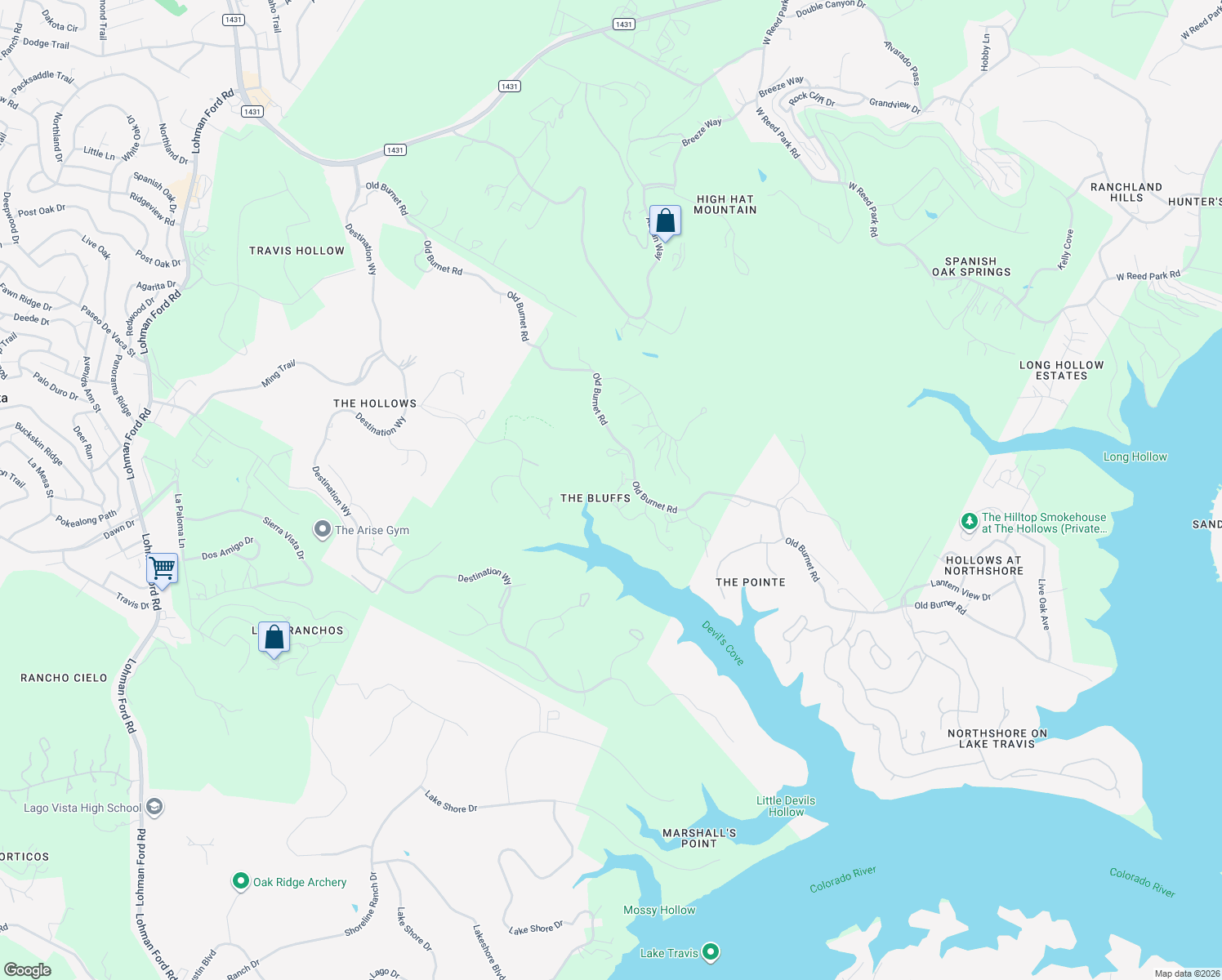 map of restaurants, bars, coffee shops, grocery stores, and more near 18844 Hidden Ridge Place in Jonestown