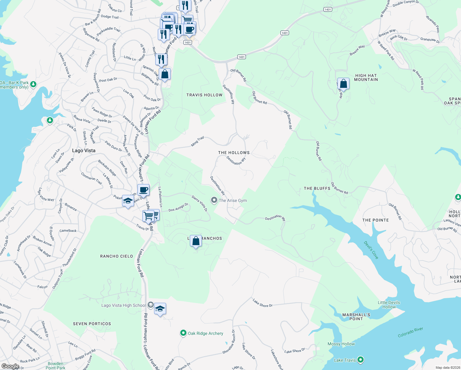 map of restaurants, bars, coffee shops, grocery stores, and more near 19617 Tranquility Falls in Leander