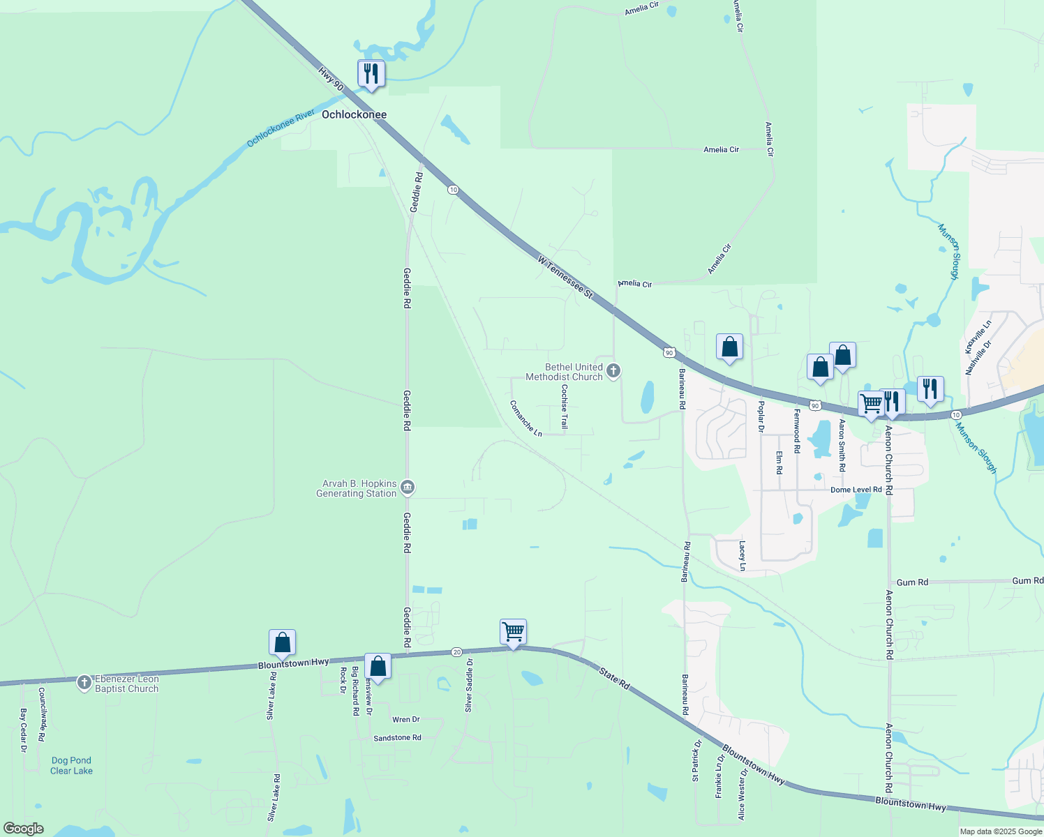 map of restaurants, bars, coffee shops, grocery stores, and more near 1359 Comanche Lane in Tallahassee