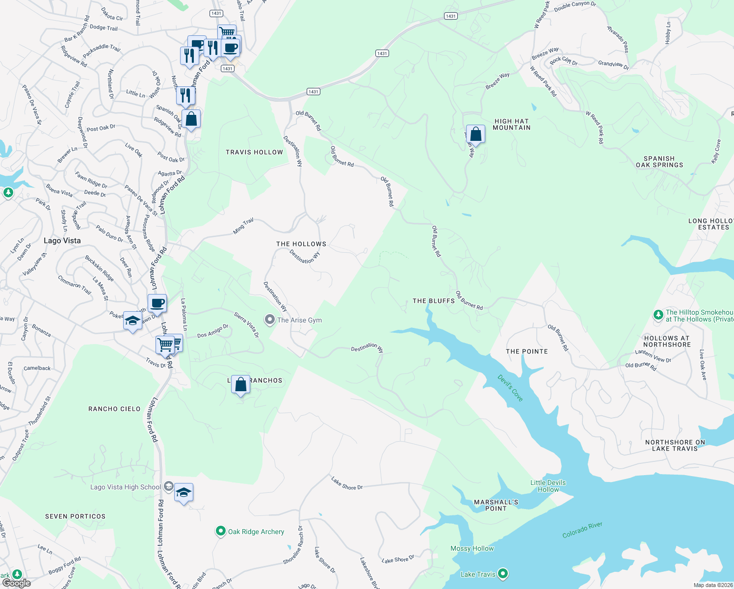 map of restaurants, bars, coffee shops, grocery stores, and more near 6913 Sunset Ridge Way in Leander