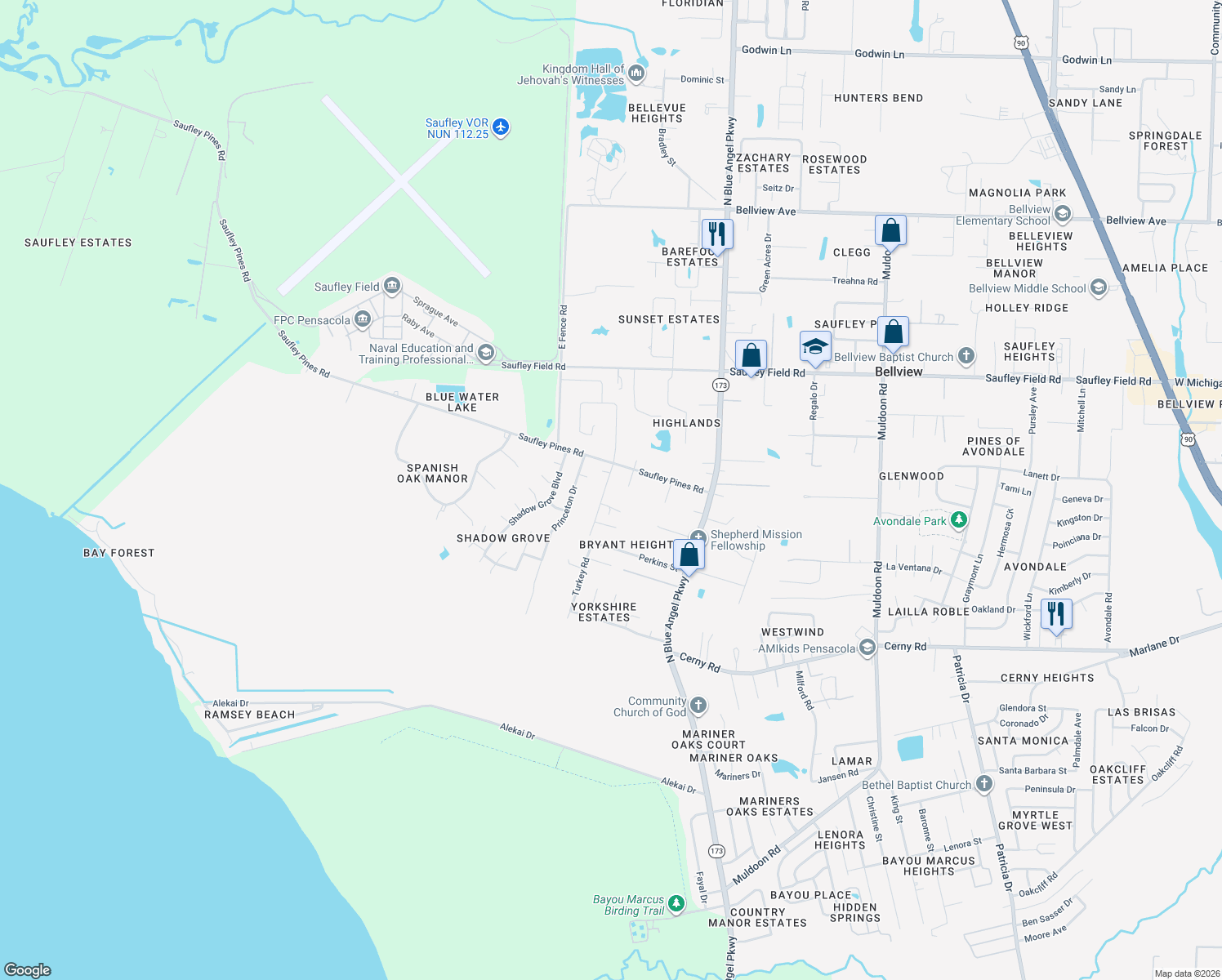 map of restaurants, bars, coffee shops, grocery stores, and more near 5762 Turkey Road in Pensacola
