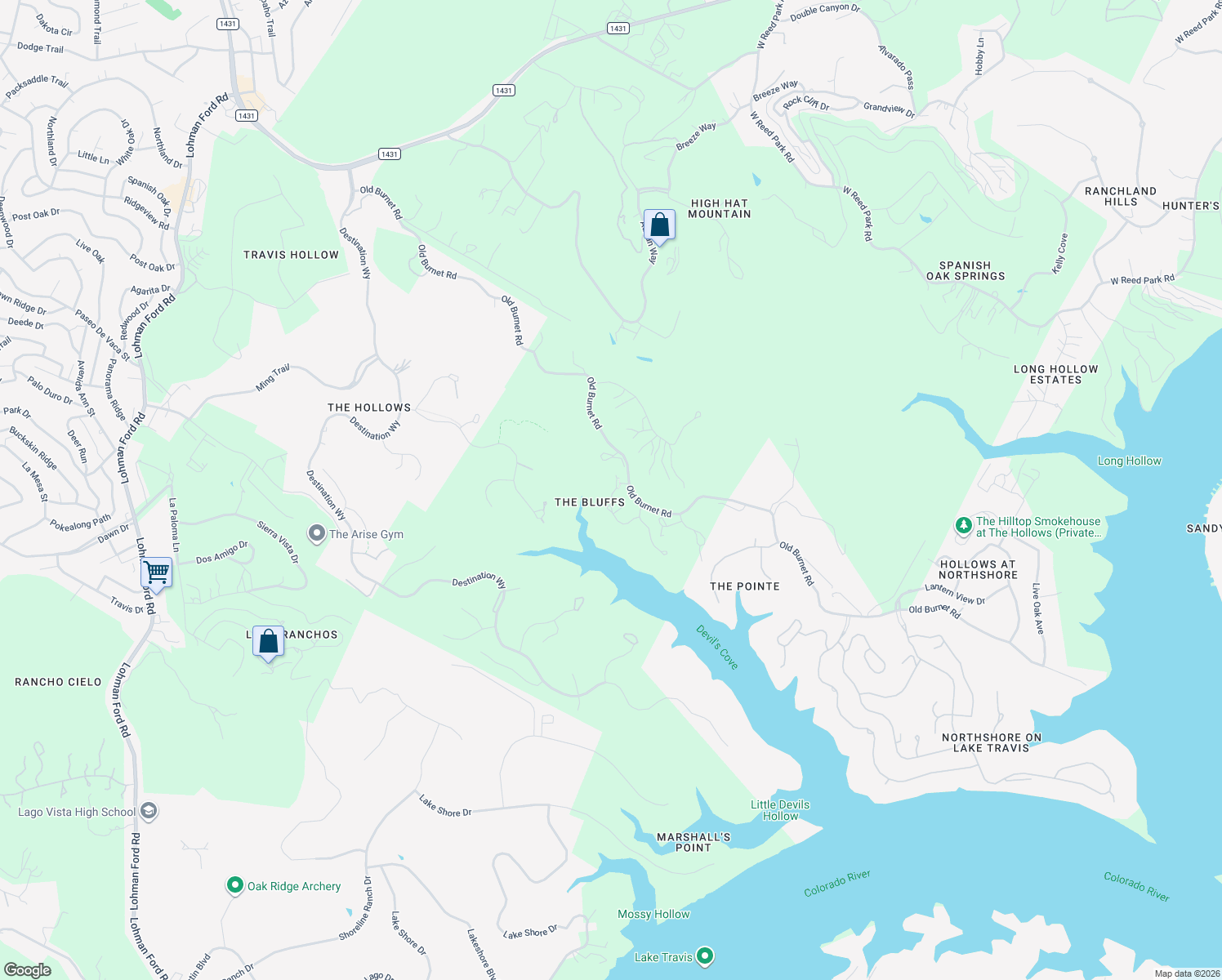 map of restaurants, bars, coffee shops, grocery stores, and more near 18844 Hidden Ridge Place in Jonestown