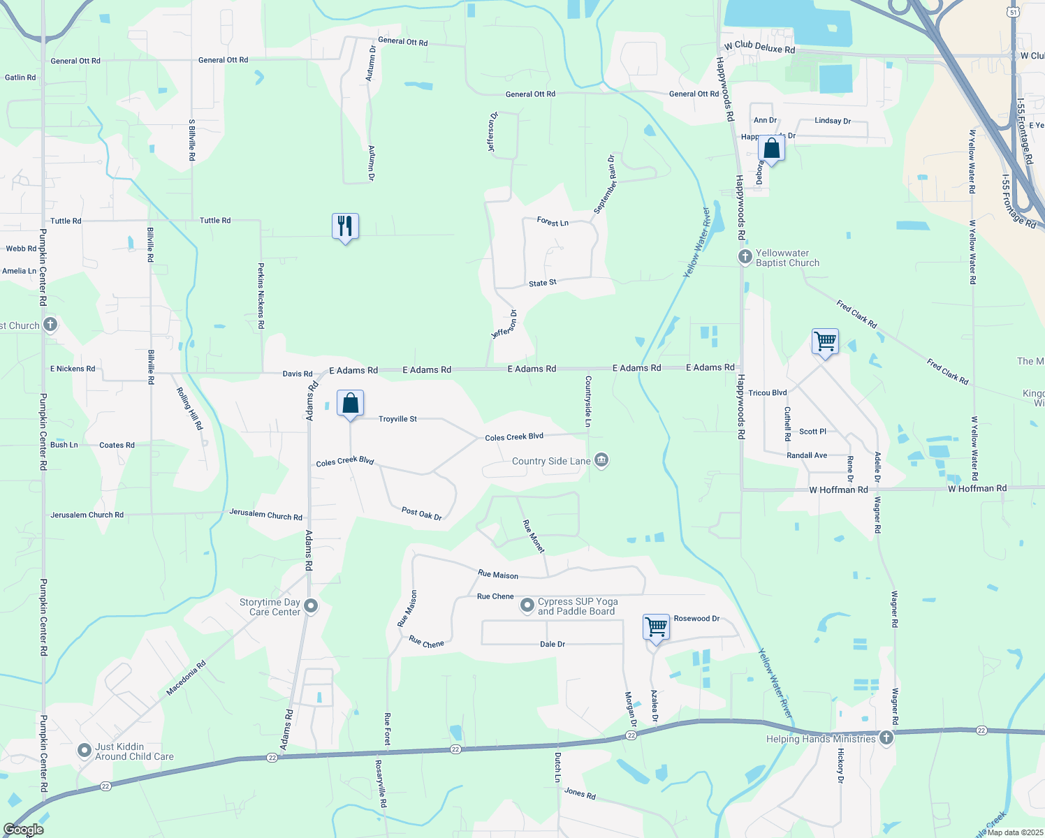 map of restaurants, bars, coffee shops, grocery stores, and more near 13083 Coles Creek Boulevard in Hammond