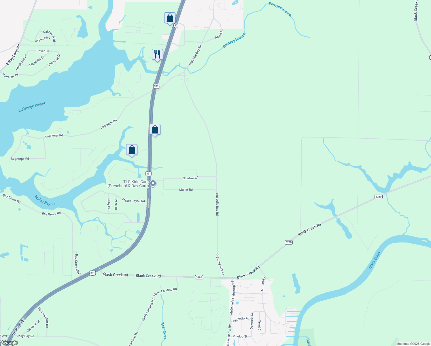 map of restaurants, bars, coffee shops, grocery stores, and more near 2236 Old Jolly Bay Rd in Freeport