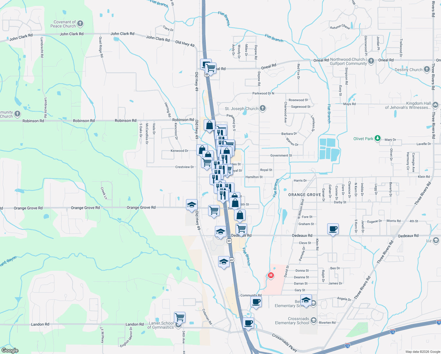 map of restaurants, bars, coffee shops, grocery stores, and more near 11167 Oak Ln in Gulfport