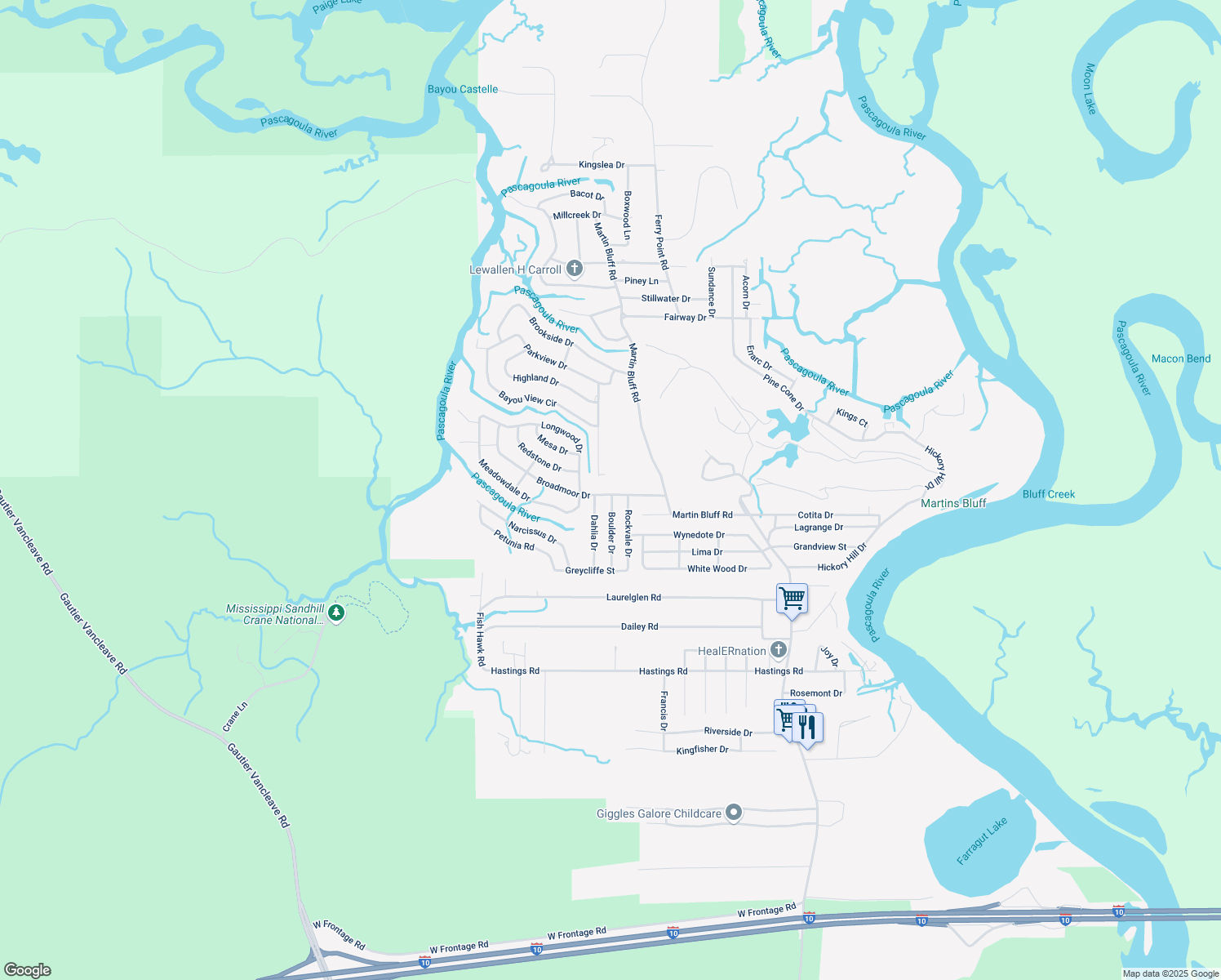 map of restaurants, bars, coffee shops, grocery stores, and more near 1916 Broadmoor Dr in Gautier