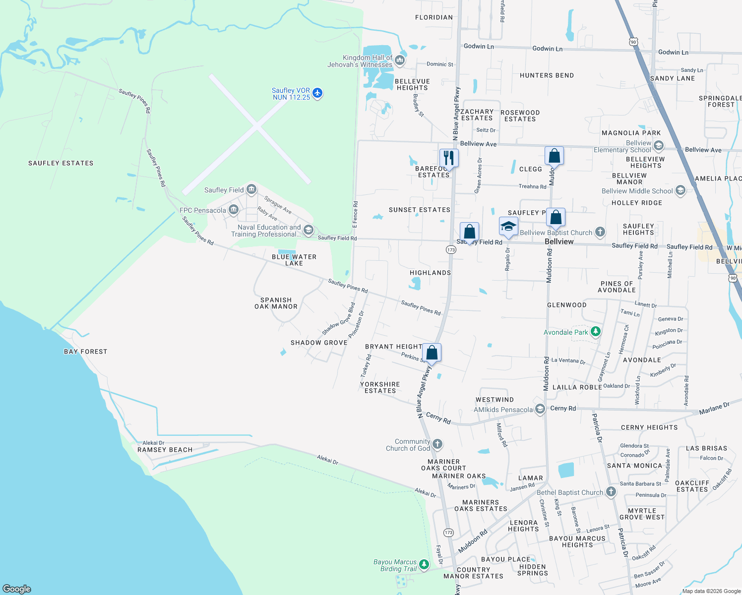 map of restaurants, bars, coffee shops, grocery stores, and more near 5945 Saufley Pines Road in Pensacola