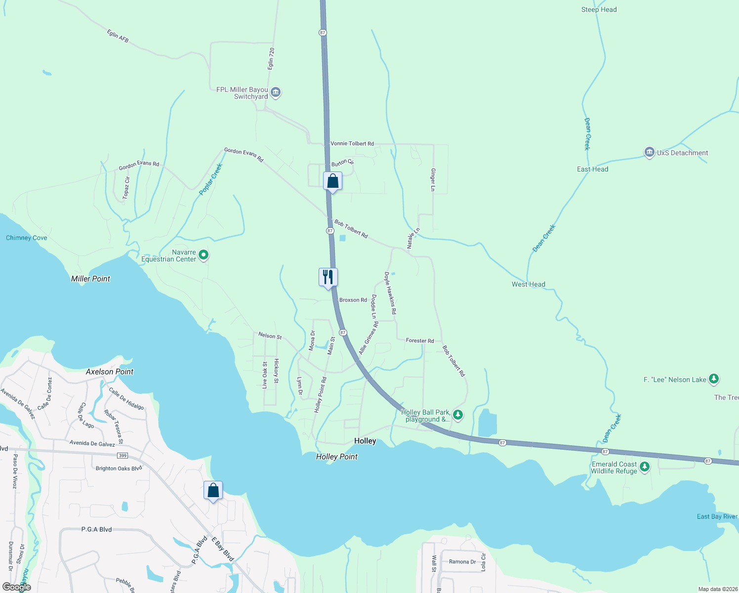 map of restaurants, bars, coffee shops, grocery stores, and more near 7560 Broxson Road in Navarre