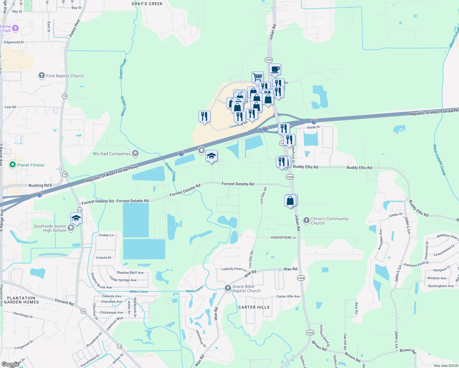 map of restaurants, bars, coffee shops, grocery stores, and more near 9718 Forrest Delatte Road in Denham Springs