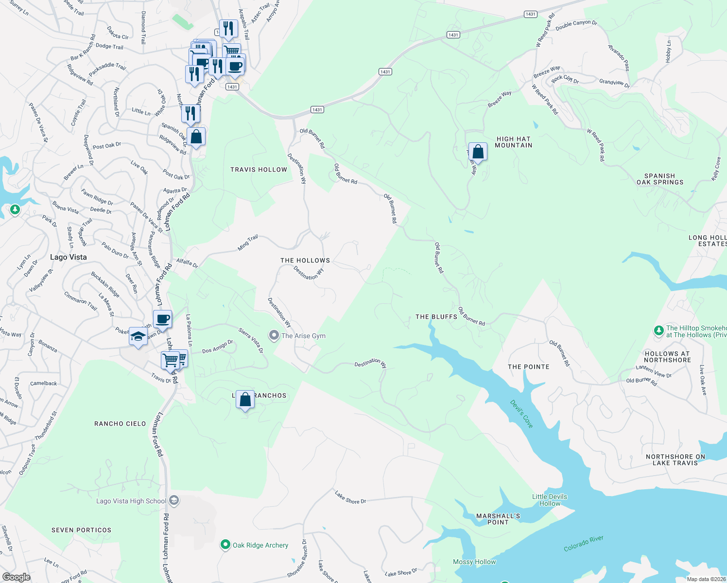 map of restaurants, bars, coffee shops, grocery stores, and more near 19301 Leisure Lane in Lago Vista