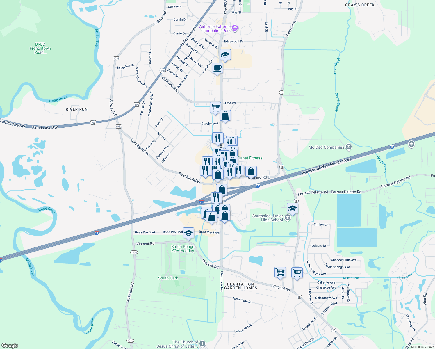 map of restaurants, bars, coffee shops, grocery stores, and more near 2341 South Range Avenue in Denham Springs