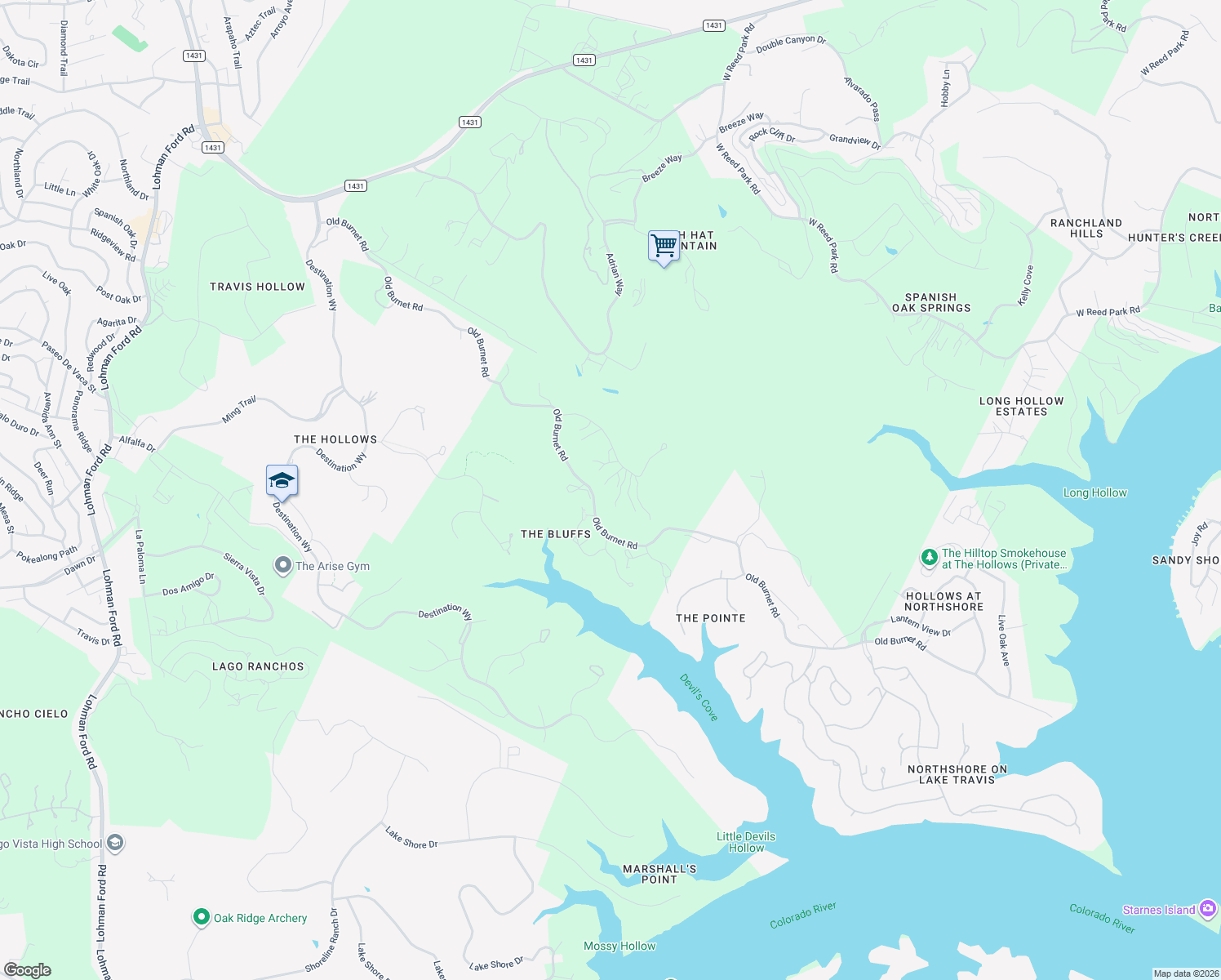 map of restaurants, bars, coffee shops, grocery stores, and more near 7817 Ladera Tr in Jonestown