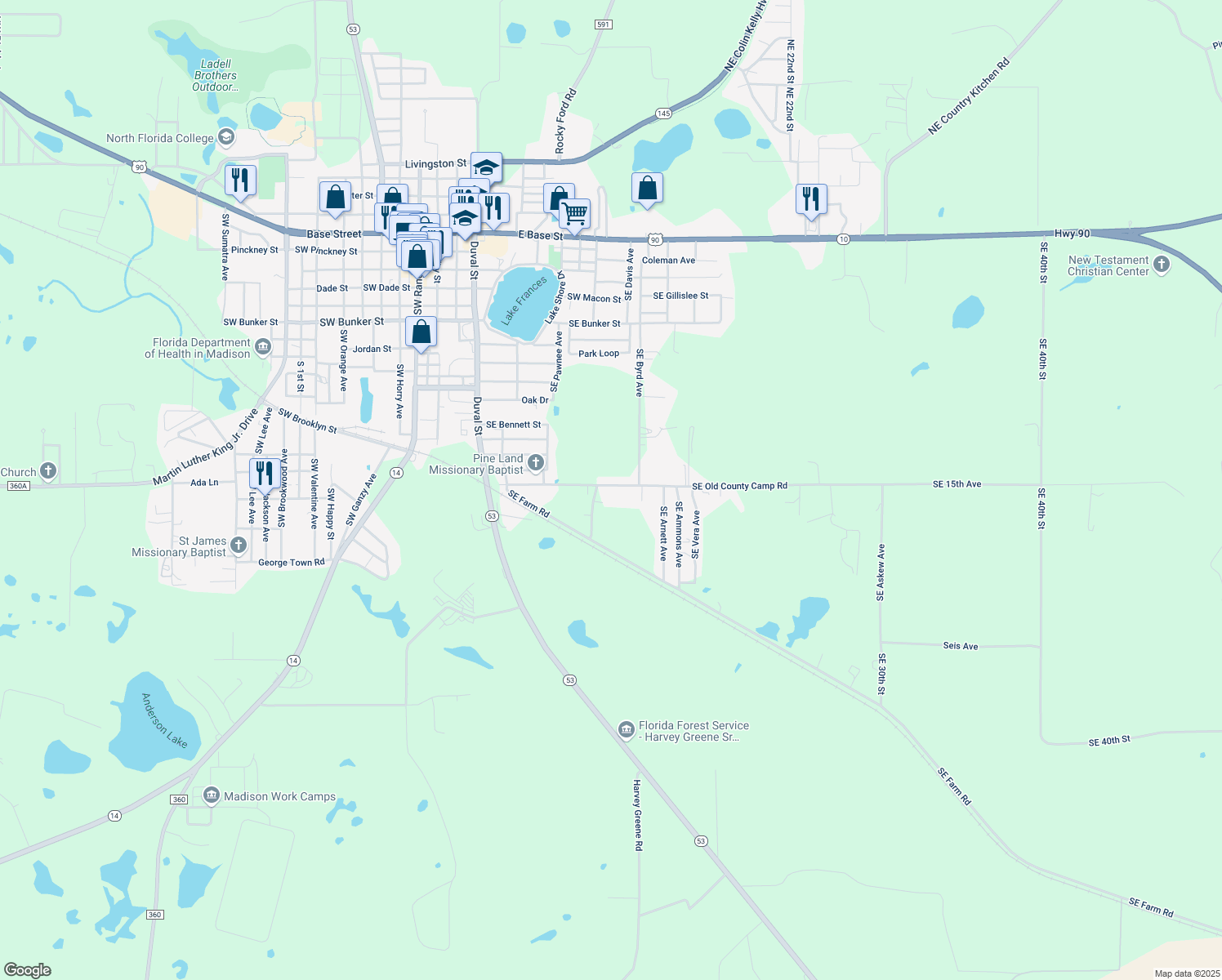 map of restaurants, bars, coffee shops, grocery stores, and more near 426 Southeast Old County Camp Road in Madison
