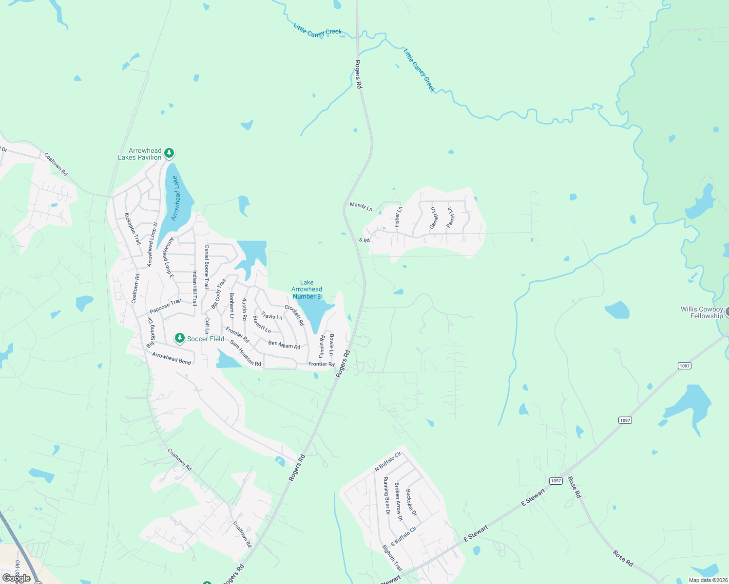 map of restaurants, bars, coffee shops, grocery stores, and more near 15255 Rogers Road in Willis